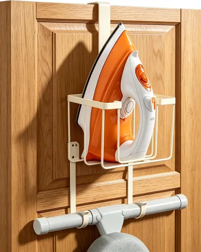Vista 9 de TJ.MOREE Soporte de pared/sobre la puerta para tabla de planchar con gran cesta de almacenamiento, soporte para plancha y tabla de planchar