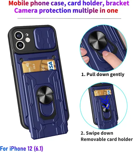 Vista 2 de Funda tipo cartera para iPhone 12, ranura para tarjeta de crédito, diseño portátil, resistente de doble capa acolchada de goma protectora