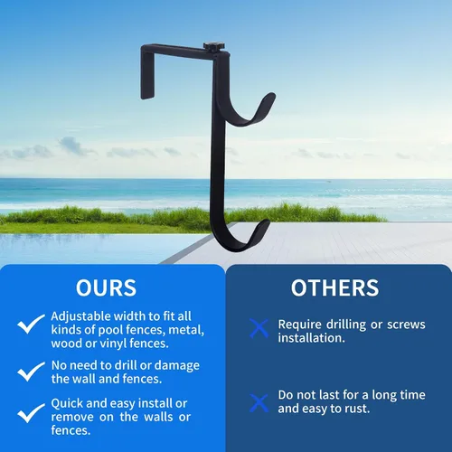 Vista 3 de Ganchos resistentes para postes de piscina, ganchos ajustables para postes, mangueras, desnatadores, ganchos negros para colgar accesorios