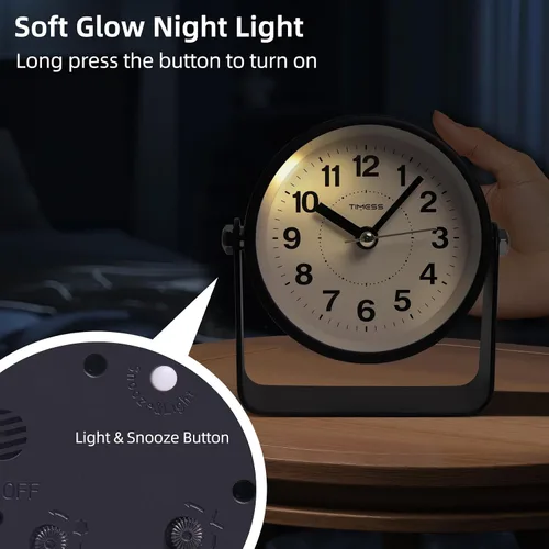 Vista 5 de TIMESS - Reloj despertador analógico con repetición y luz, silencioso sin tictac, color negro
