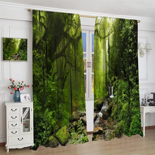 Vista 4 de Cortinas de paisajes naturales – Bosque idílico vegetación soñada, misterio fresco tema de paisajes tropicales, cortinas opacas decorativas