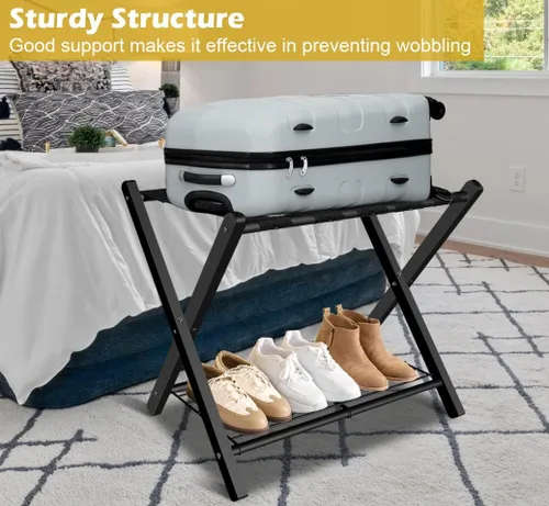 Vista 3 de mocomax Paquete de 1 portaequipajes plegable para habitación de invitados, soporte plegable para maleta con estante de almacenamiento de metal