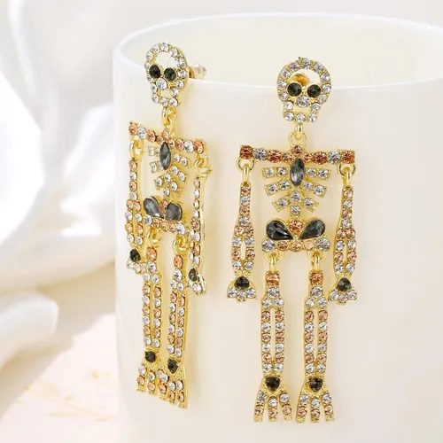 Vista 6 de SENNI Aretes de calavera de esqueleto de Halloween, aretes colgantes de esqueleto de calavera espeluznante, regalo de joyería para mujeres y niñas