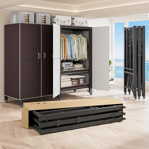Vista 18 de Perchero cubierto resistente con puerta magnética, plegable, portátil, para colgar ropa, perchero de metal negro con ruedas (negro, 49.12 pulgadas)