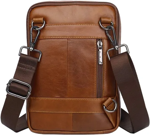 Vista 4 de Hebetag Bolso bandolera de cuero pequeño para hombres y mujeres, para viajes al aire libre, negocios