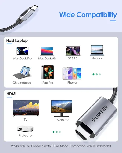 Vista 3 de LENTION Adaptador de cable USB C a HDMI 2.0 de 6 pies (4K/60Hz) compatible con MacBook Pro 2023-2016, nuevo iPad/Surface/Mac Air, Note 21/20/10