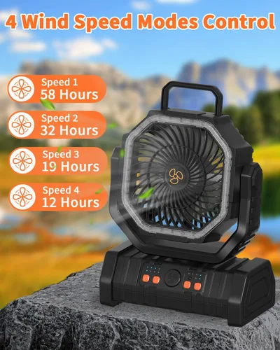 Vista 2 de ADUST Ventilador Portátil de Campamento con Batería, Ventilador con Luz LED 20000mAh Recargable, Oscilación Automática, Rotación de 270°, Gancho