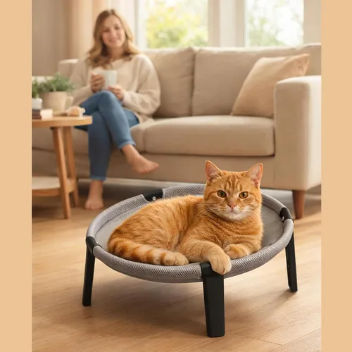 Vista 2 de Hamaca elevada para gatos, tumbona de malla lavable extraíble Marco de metal a prueba de óxido, malla a prueba de arañazos, instalación sin