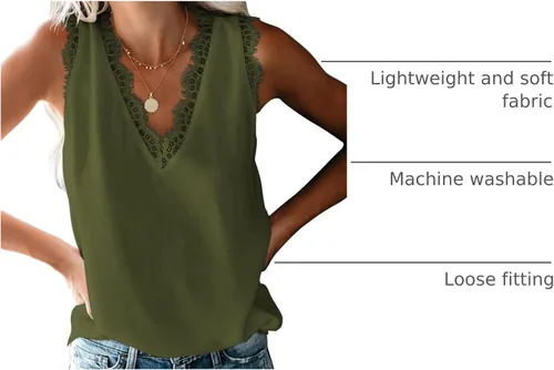 Vista 40 de VIISHOW - Camiseta sin mangas, sexy, con cuello en V y bordes de encaje para mujer, camisola de vestir, camisas de gasa, sin mangas, casuales