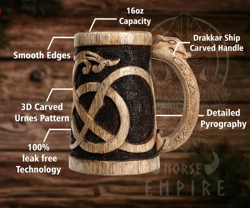 Vista 5 de Jarra de Cerveza de Madera Premium 20Oz Estilo Urnes 100% Hecha a Mano Jarra de Cerveza Accesorios de Vino Regalos Vikingos Regalo Medieval Tankard