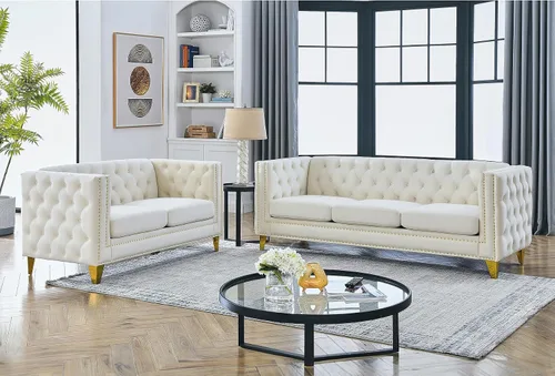 Vista 17 de Sofá de terciopelo de 3 plazas, cómodos sofás para sala de estar, sofá moderno con respaldo copetudo y decoración de remaches, sofá largo tapizado