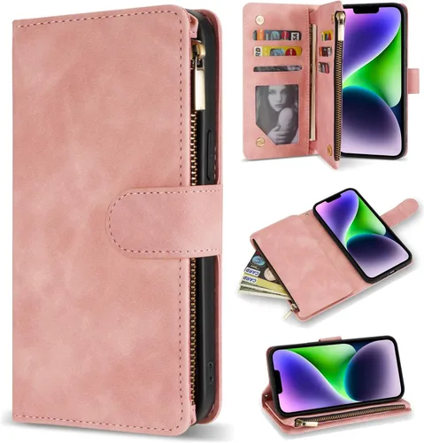 Vista 25 de ZZXX Funda tipo cartera para iPhone 14 Plus con [Bloqueo RFID] Ranura para tarjetas Cuero PU suave premium con cremallera tipo folio plegable