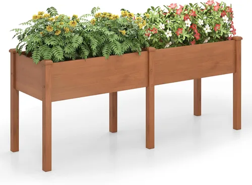 Vista 10 de HAPPYGRILL - Cama de jardín elevada, caja de jardín de madera para exteriores con patas, agujeros de drenaje, tela de revestimiento de jardín negra