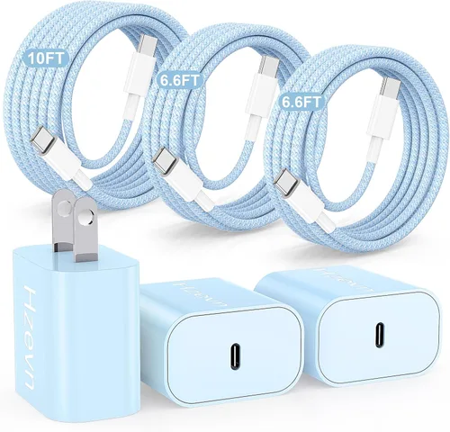 Vista 10 de Carga rápida USB C de 20 W para iPhone 17 Air/16/15 Pro Max, paquete de 3 bloques de carga coloridos mezclados con cables USB C a C largos trenzados
