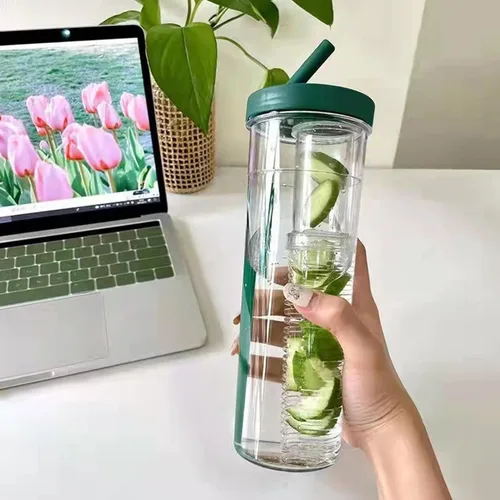 Vista 5 de Vasos para beber, vasos, botella de agua con infusor de frutas, infusor a prueba de fugas, botella de agua transparente de 27.1 fl oz con popote