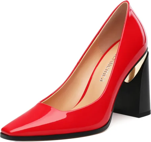 Vista 22 de Tacones altos para mujer, zapatos de vestir de tacón grueso con puntera cuadrada cerrada de patente, tacones elegantes, zapatos de vestir diarios