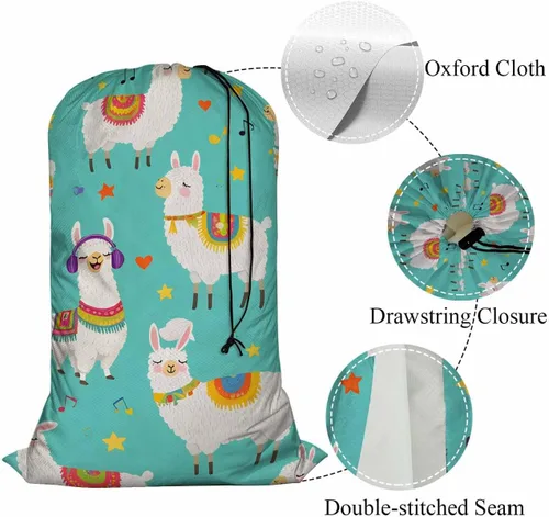 Vista 4 de Swono Bolsa grande de ropa sucia de alpaca para cesta de lavandería, diseño de llamas de dibujos animados, animales lindos, lavable a máquina