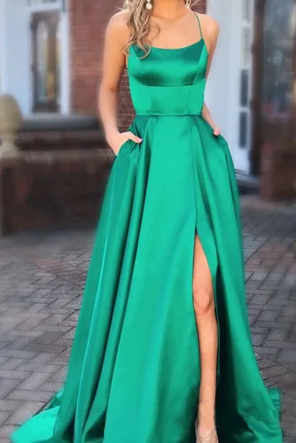 Vista 2 de ZLQQ Vestidos de noche formales divididos con tirantes delgados vestidos de satén largos con bolsillos para mujer