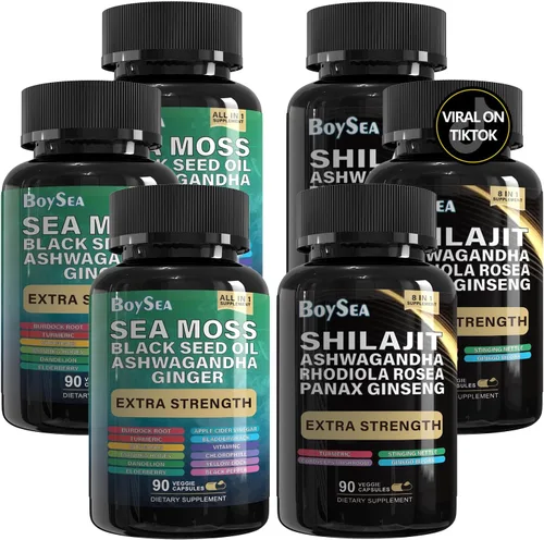 Vista 9 de Boysea. Paquete de Shilajit y Musgo Marino - 90 Unidades - Musgo Marino, Aceite de Semilla Negra, Ashwagandha, Jengibre y Shilajit, Rhodiola Rosea