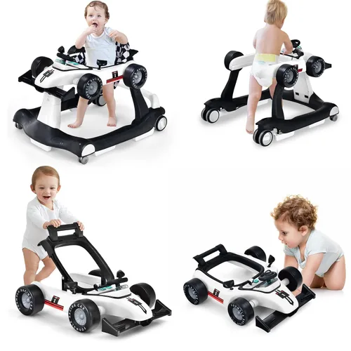 Vista 13 de HONEY JOY Andador de bebé 4 en 1, caminador de actividad con 3 alturas ajustables, ruedas suaves con velocidad ajustable, asiento acolchado, música