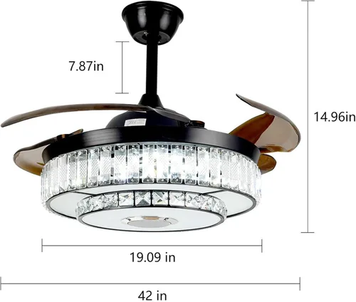 Vista 2 de Ventilador de techo retráctil de 42 pulgadas con luz y control remoto, candelabro negro cristal, moderno, comedor