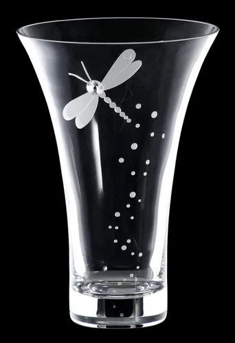 Vista 2 de Florero de libélula – Jarrón de cristal hecho a mano con cristal de primera calidad y decoración de libélula grabada – Caja de regalo – Centro