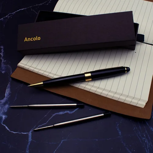 Vista 2 de Ancolo Bolígrafo negro, tinta negra a granel, punta media de 0.039 pulgadas (0.039 in), escritura suave, bolígrafos negros y dorados para hombres