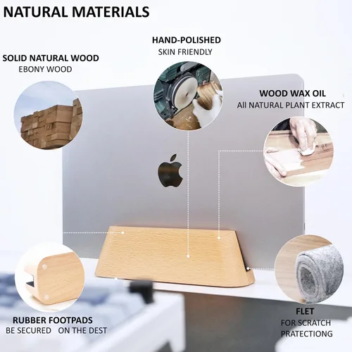 Vista 2 de ACODE Soporte vertical de madera para computadora portátil para escritorio, compatible con MacBook Pro Air, superficies, ranura de almacenamiento