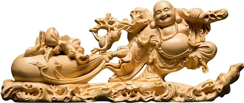 Vista 13 de Estatua de Buda Maitreya Maitreya tallada a mano de boj natural (ventilador de bolsa de tela)