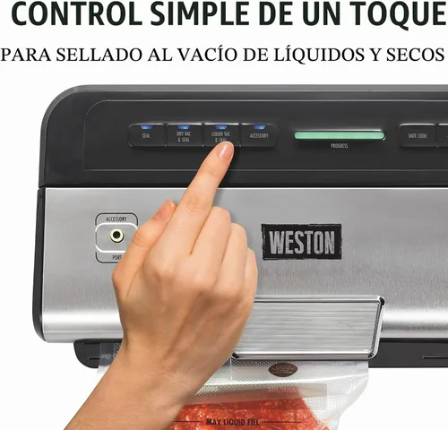 Vista 3 de WESTON BRANDS Máquina selladora al vacío líquida y seca con sello de código de fecha, cortador integrado, botón de pulso, incluye 2 rollos + 6