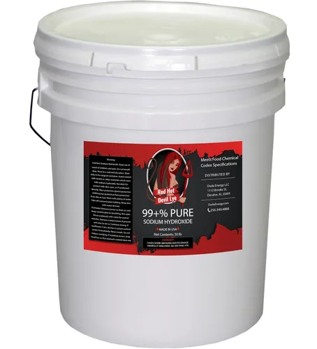 Vista 2 de Duda Energy 2 lb Red Hot Devil Lye Hidróxido de sodio cumple con el Codex químico de alimentos de alto grado, soda cáustica, Blanco, 940 g