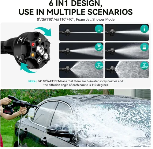 Vista 4 de Lavadora a presión inalámbrica 800PSI 1.5GPM - Batería de 3.0Ah Lavadora a presión inalámbrica portátil con boquilla 6 en 1 para lavado de autos