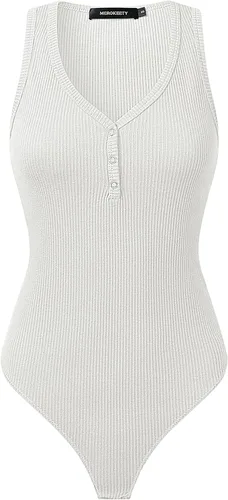 Vista 2 de MEROKEETY Body de punto acanalado con cuello en V y botones para mujer, sin mangas, ajustado, para mujer