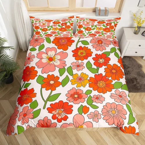 Vista 23 de Juego de ropa de cama Groovy de los años 60 y 70 para niños, funda de edredón retro de flores hippie para niños, adolescentes, vintage, bohemio
