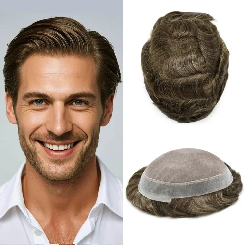 Vista 85 de Toupee para hombres Piezas de pelo fino mono para hombre Toupee sistema de reemplazo de pelo para hombres línea capilar natural para hombre postizo