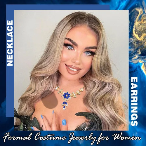 Vista 6 de Gold Blue Jewelry Set Diamond Black Flower Teardrop Necklace Earrings Rhinestone Crystal Wedding Prom Formal Trendy Jewelry Accessories for Brides