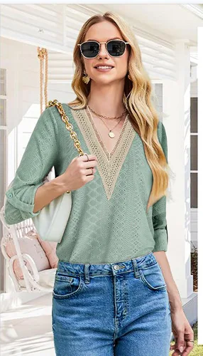 Vista 2 de SeSe Code Camisa a cuadros de manga 34 enrollada para mujer, blusas y tops casuales de negocios elegantes para el trabajo