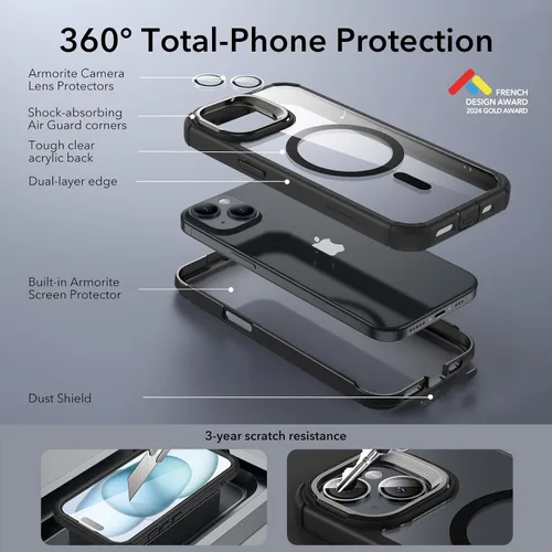Vista 3 de ESR Funda para iPhone 15 con soporte, compatible con MagSafe, funda de cuerpo completo a prueba de caídas de grado militar con protector de pantalla