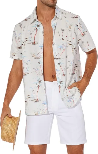 Vista 2 de ZAFUL Camisa hawaiana de algodón de manga corta con botones para el verano, para playa tropical