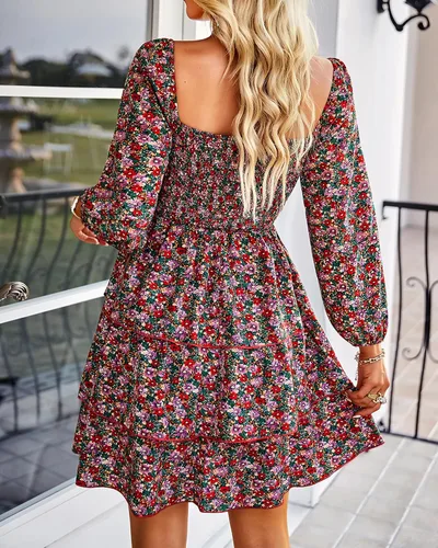 Vista 5 de BTFBM Vestido de manga larga para mujer, cuello cuadrado, floral, fruncido, con lunares suizos, estilo bohemio, para primavera, boda, 2026