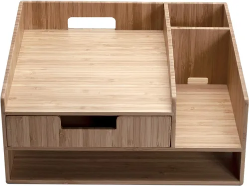 Vista 4 de MobileVision Soporte de teléfono de bambú con cajón, bandeja de papel y soporte para lápices, solución de almacenamiento para productos de oficina