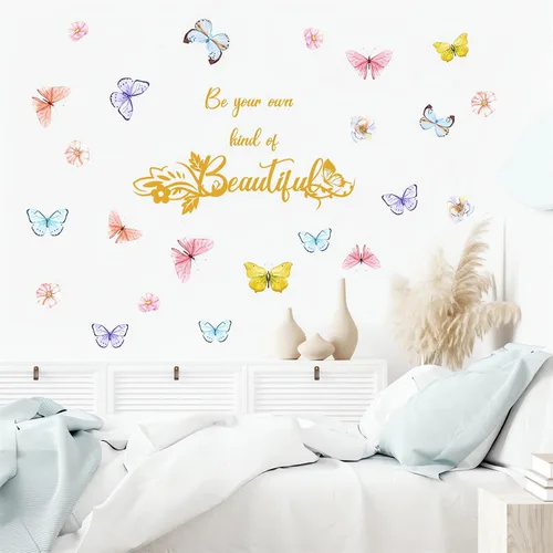 Vista 3 de Calcomanías de pared con eslogan de mariposas coloridas, hermosas calcomanías de pared extraíbles de vinilo extraíble para sala de estar