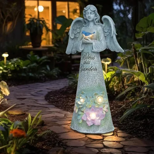 Vista 6 de Estatua de jardín de ángeles, decoración al aire libre, jardín de ángel sosteniendo pájaro con luces solares, regalos de jardinería para mamá