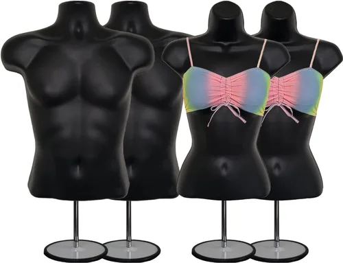 Vista 19 de Maniquí de torso masculino y femenino con soporte de metal, cuerpo con respaldo hueco, apilable, forma de vestido para exhibición de camisetas Negro
