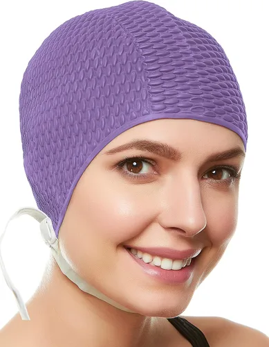 Vista 6 de BEEMO Gorro de natación para mujer, correa de barbilla, crepé, látex, largo, corto, gorras de natación