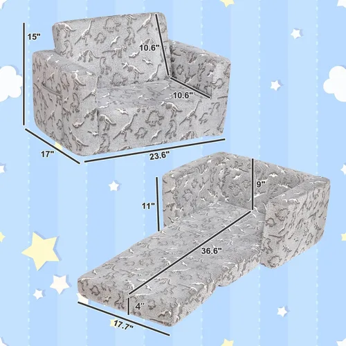 Vista 3 de ALIMORDEN 2 en 1 Sofá Convertible para Niños con Funda Sherpa, Sofá Convertible a Tumbona, Brilla en la Oscuridad, Dinosaurios