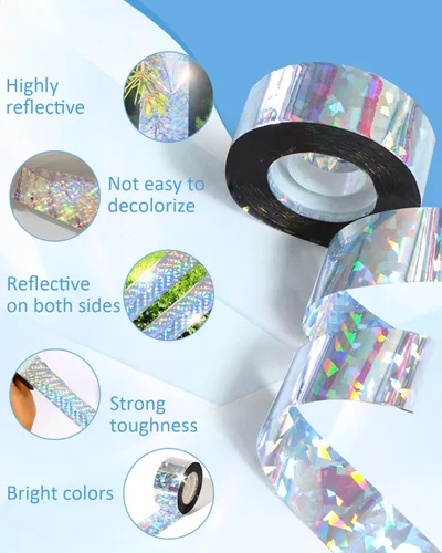 Vista 3 de 2 cintas de 502 pies para asustar pájaros, cinta holográfica reflectante de doble cara, dispositivos repelentes de pájaros audibles visuales