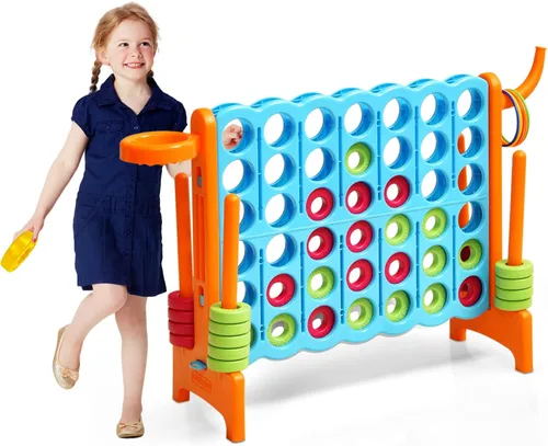 Vista 12 de HONEY JOY Juego gigante gigante de 4 a puntuación, 3 en 1 para interiores y exteriores, juego de patio familiar con aro de baloncesto y lanzamiento