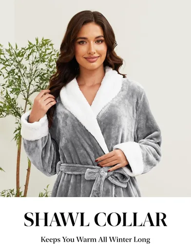 Vista 2 de Hellomamma Bata de baño larga para mujer, de felpa suave, de forro polar, camisón para mujer, pijama, ropa de dormir