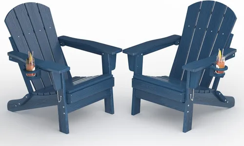 Vista 23 de Juego de 2 sillas Adirondack plegables HDPE con mesa auxiliar, color negro